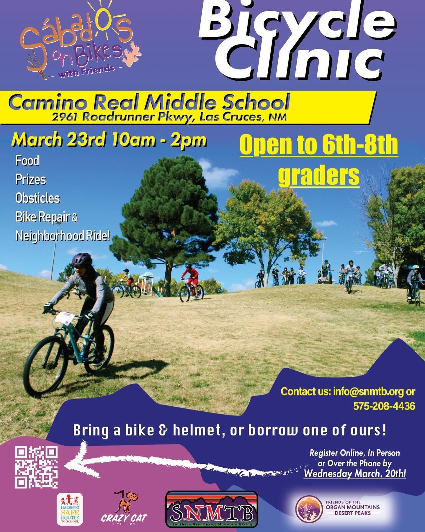 Join us for our last S&aacute;bados on Bikes with Friends of the season on March 23rd!! Open to all 6th - 8th graders, this event will be held at Camino Real Middle School. Obstacles, bike repair, rides, food, prizes and all for FREE!!!! Register onl