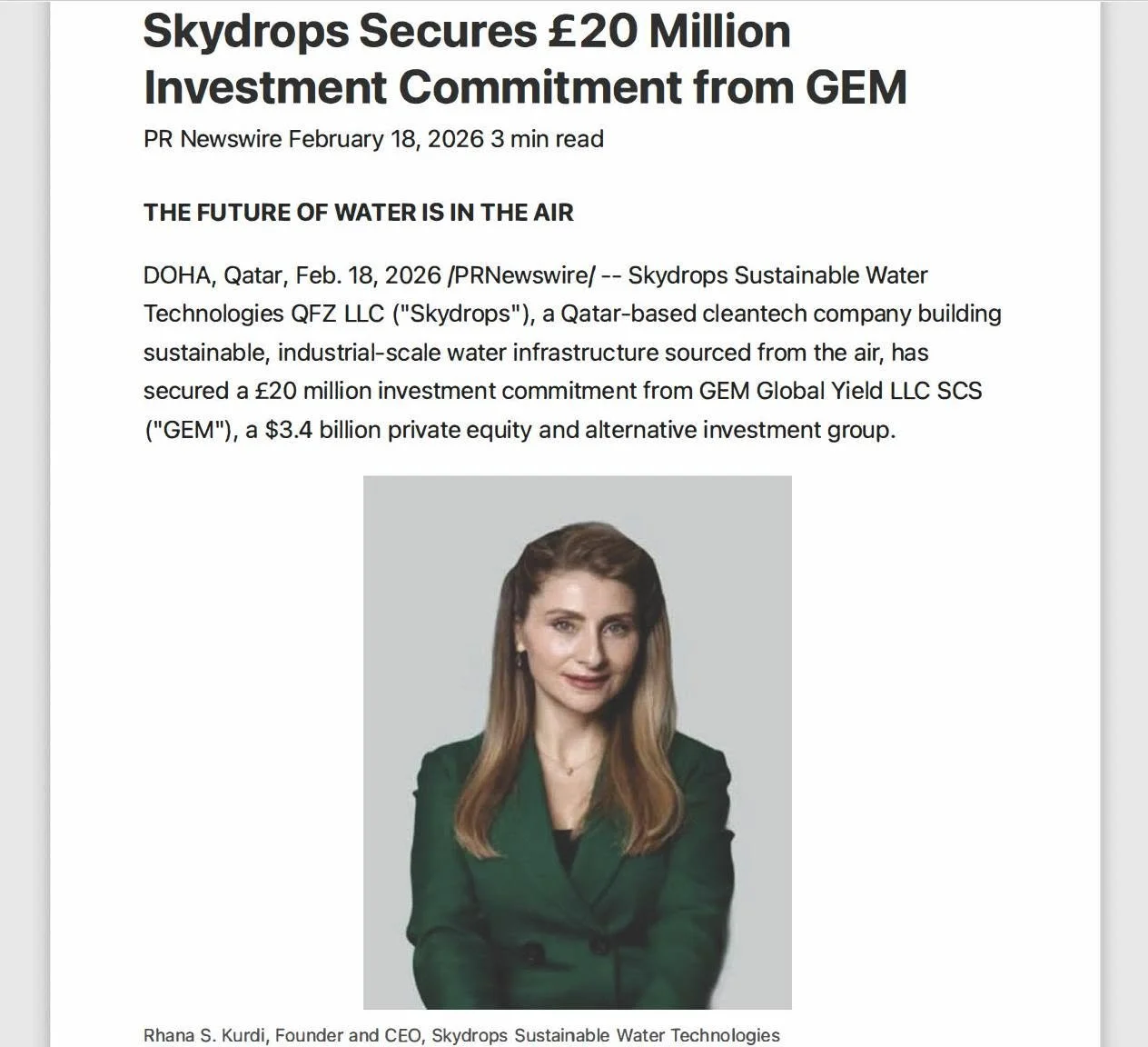 Skydrops, a Tsunami Products Distributor, Secures £20 Million for Global AWG Expansion