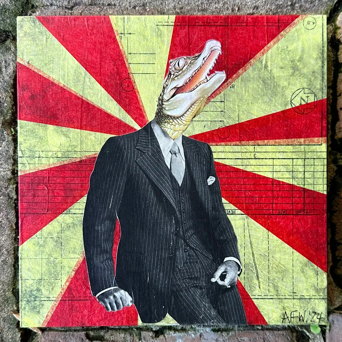 "Vote Crocodile", 8x8", mixed media collage on cradled wood panel