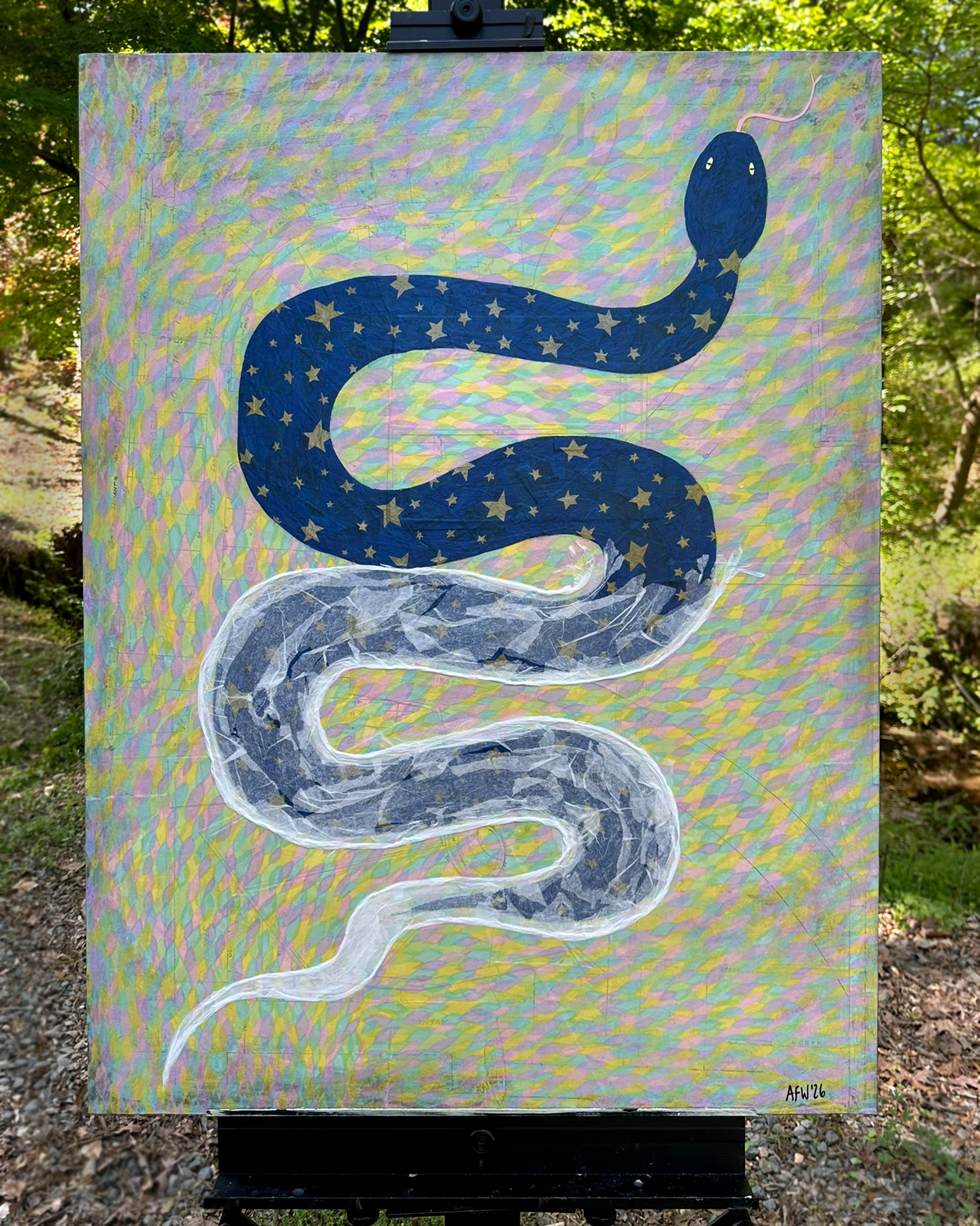 "Shed", 2026; 30x40" mixed media collage on cradled wood panel