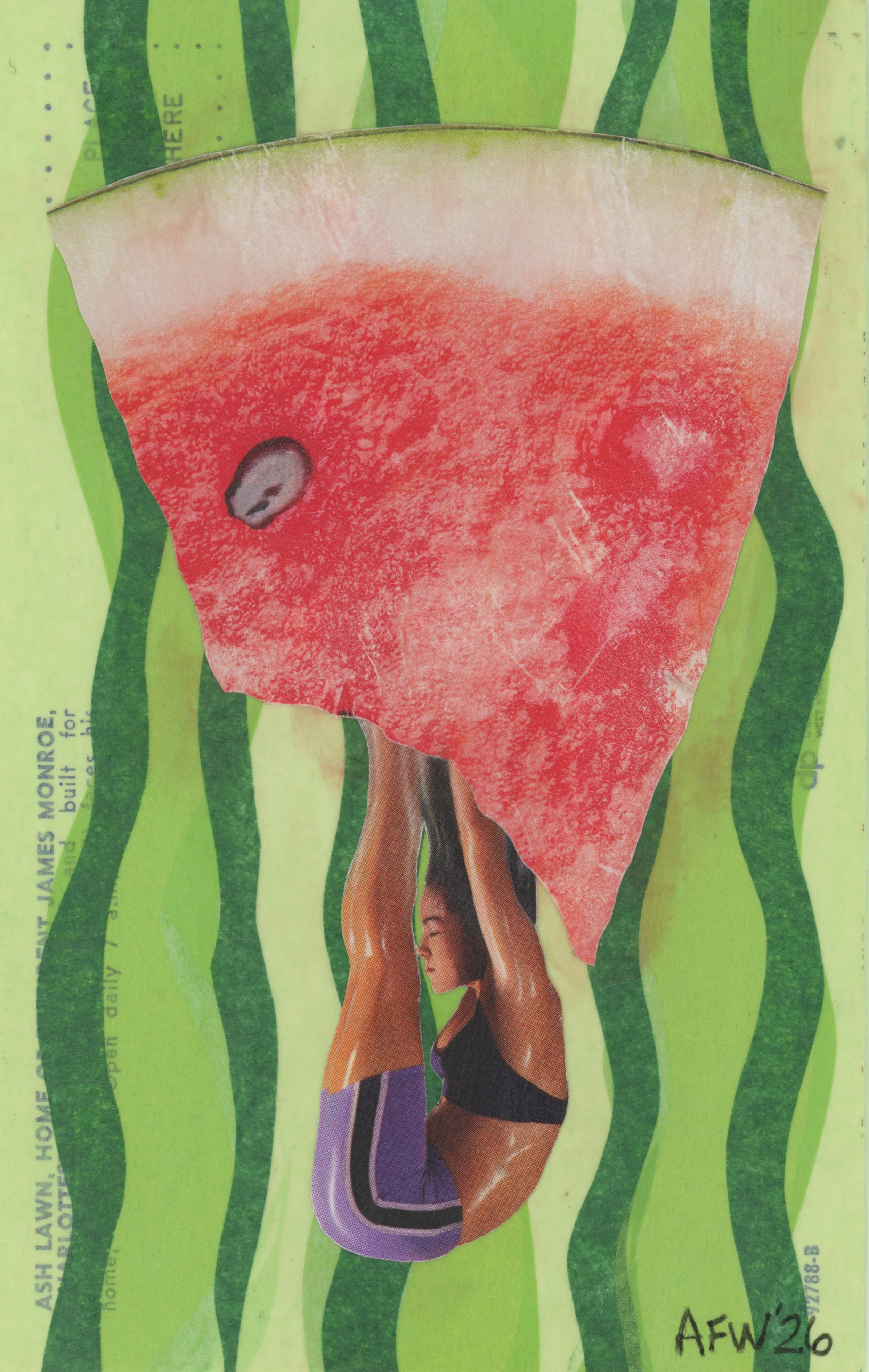 "Watermelon", 4x6", collage on vintage postcard