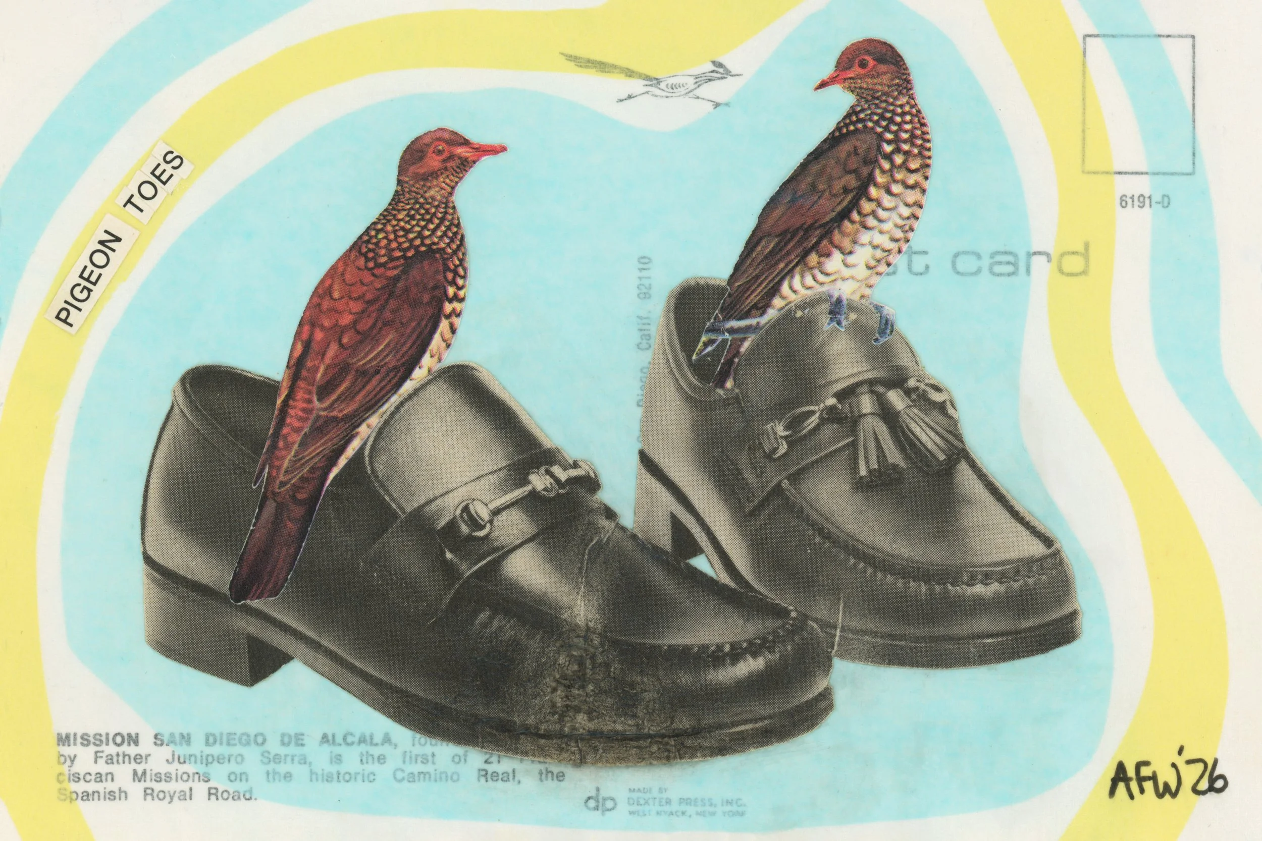 "Pigeon Toes", 7x5", collage on vintage postcard
