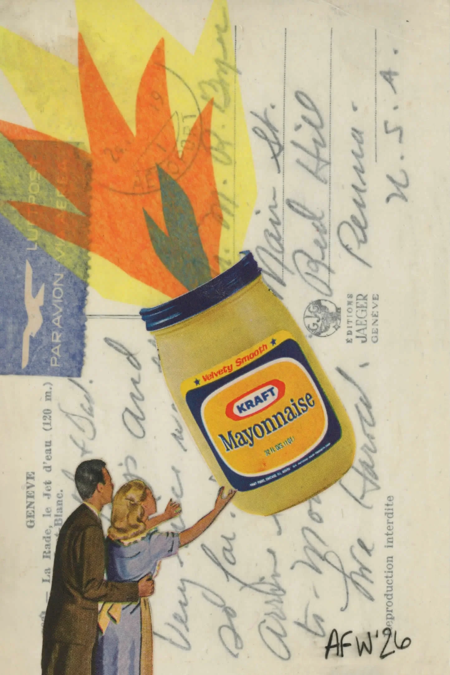 "explode", 4x6", collage on vintage postcard