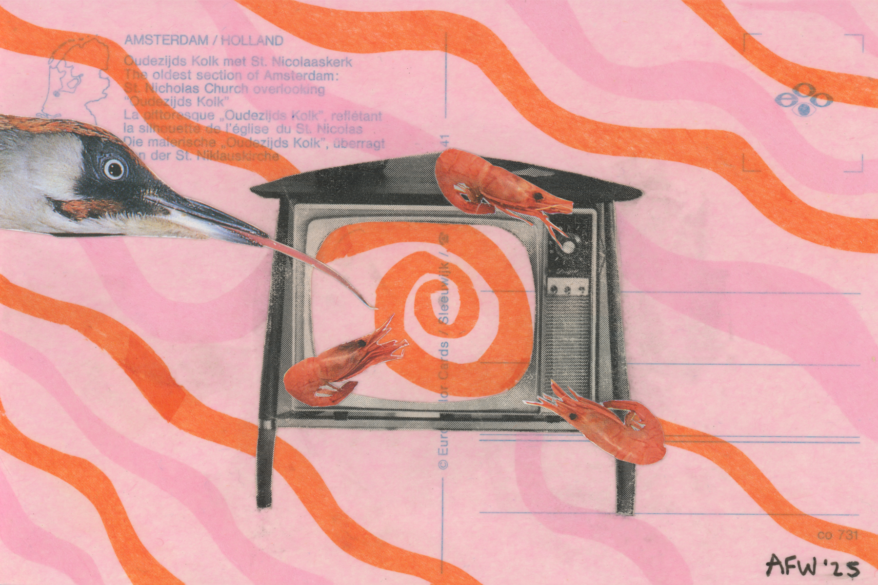 "Shrimp Vortex", 4x6", collage on vintage postcard