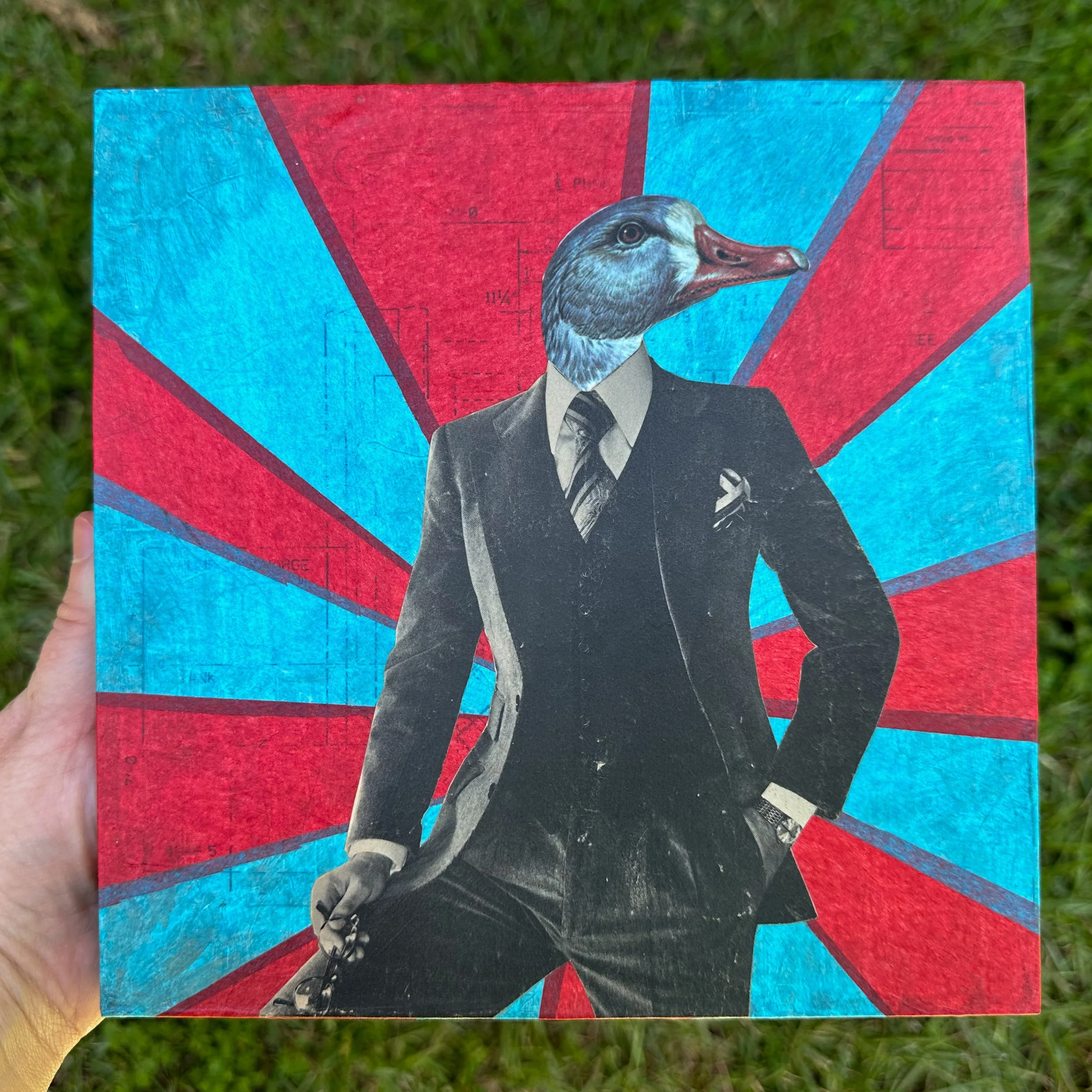 "Vote Goose", 8x8", mixed media collage on cradled wood panel