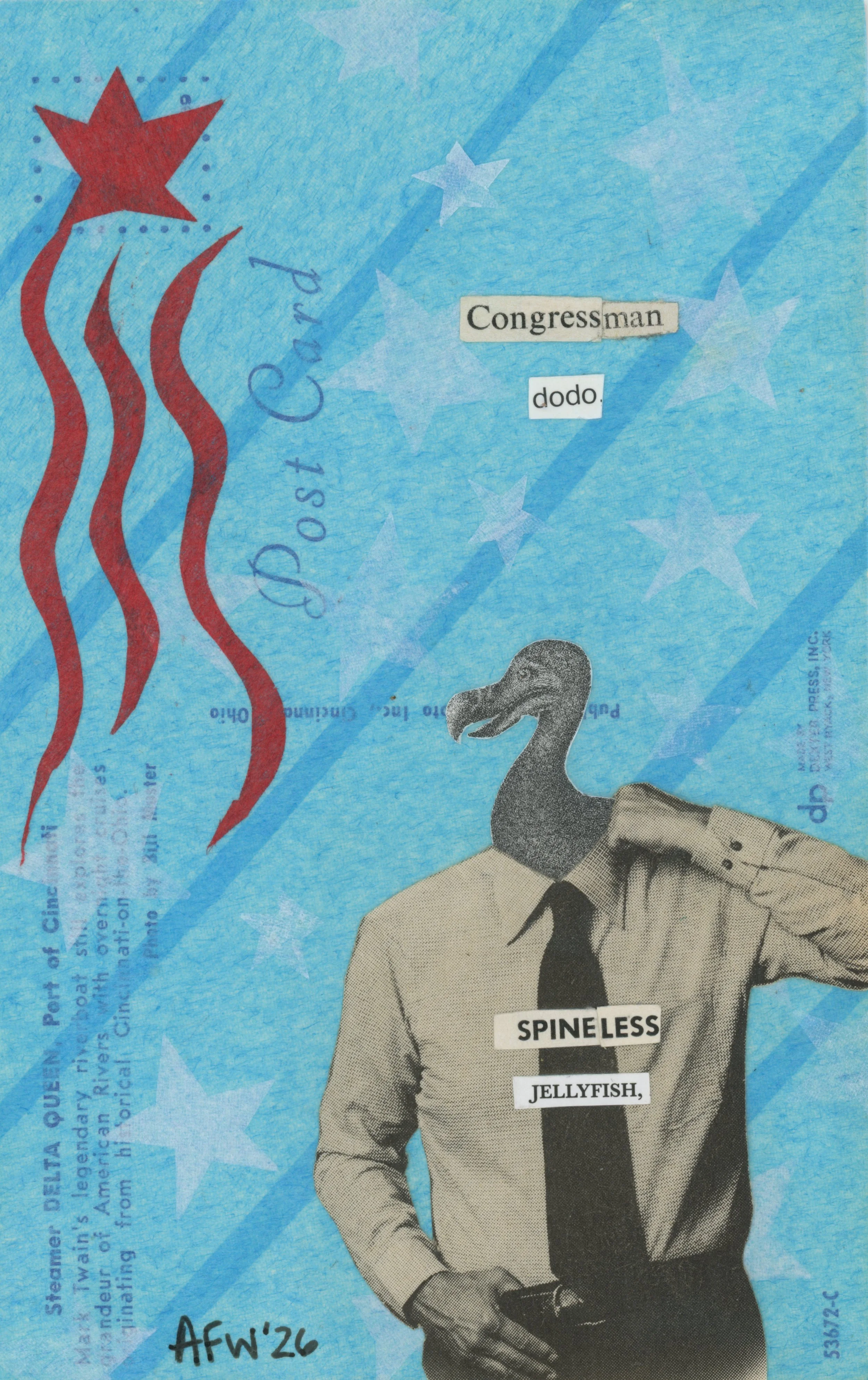 "Congressman Dodo", 4x6", collage on vintage postcard
