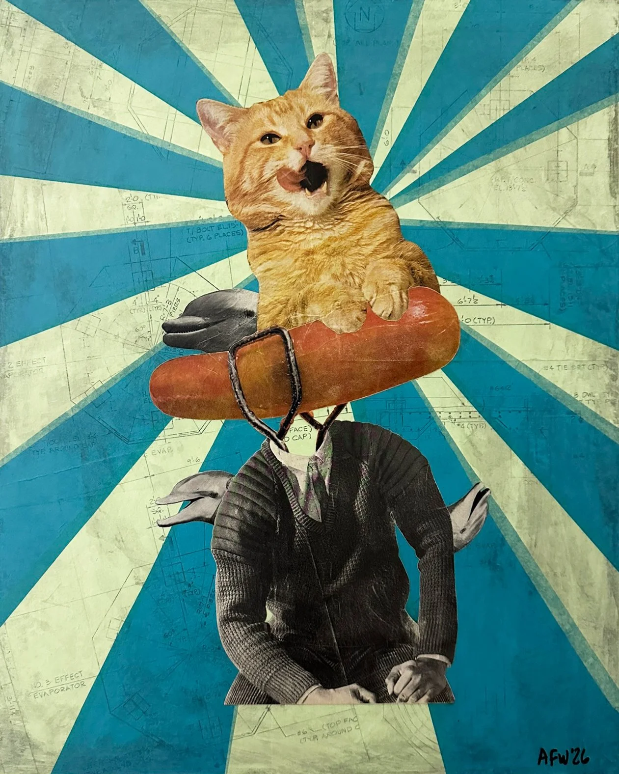 "Hot Dog!", 16x20", mixed media collage on cradled wood panel