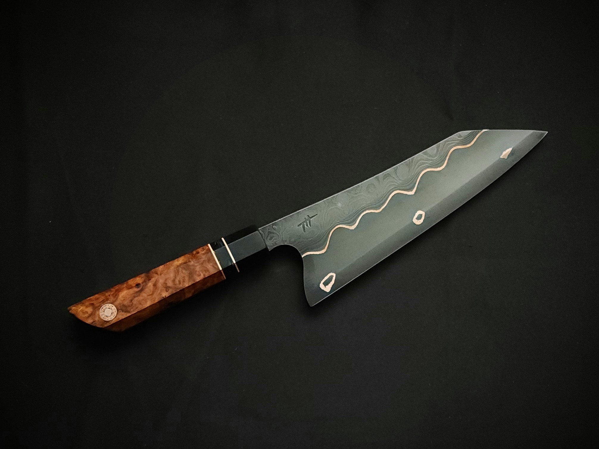 Bunka - Baker Forge steel - S grind - wa shaped handle - copper spacers, mosaic pin, carbon fiber accent