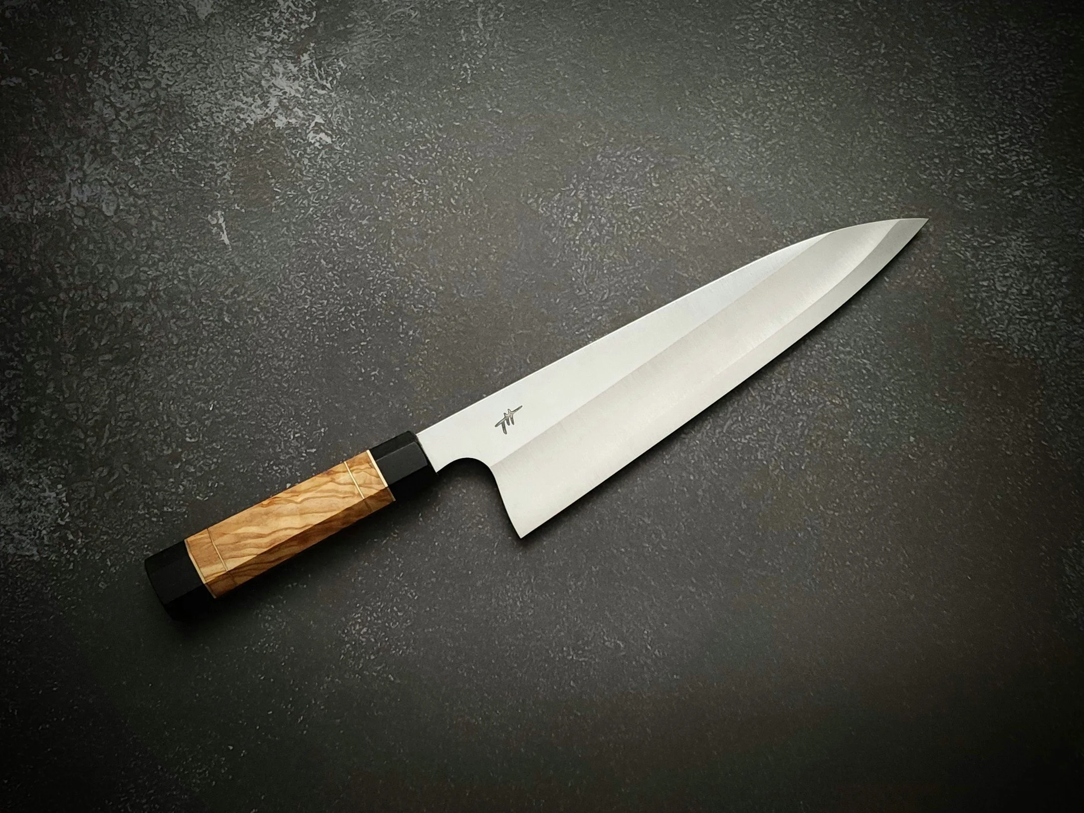 Gyuto - AEB-L stainless steel, S grind, wa shaped handled, mirrored handle accents