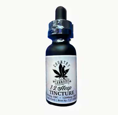 A small dark blue bottle of tincture with a droplet cap, labeled 'Country Cannabisk 7:2 Sleep Tincture' containing 1200mg of THC.
