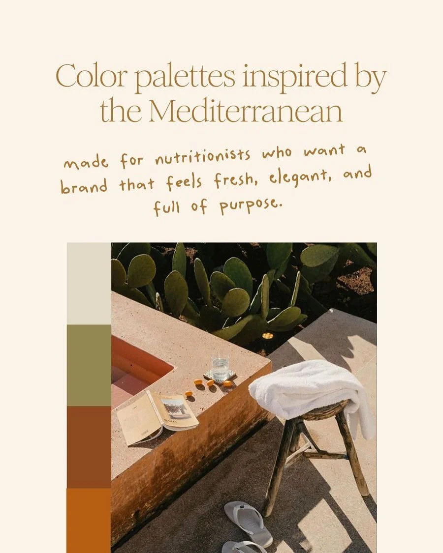 Mediterranean-inspired color palettes for nutritionists who seek a light and sophisticated brand. Which one speaks to you?

#ColorPaletteInspiration #BrandingForNutritionists #VisualIdentity #MediterraneanAesthetic #SoftDesign #HealthyBranding #Welln