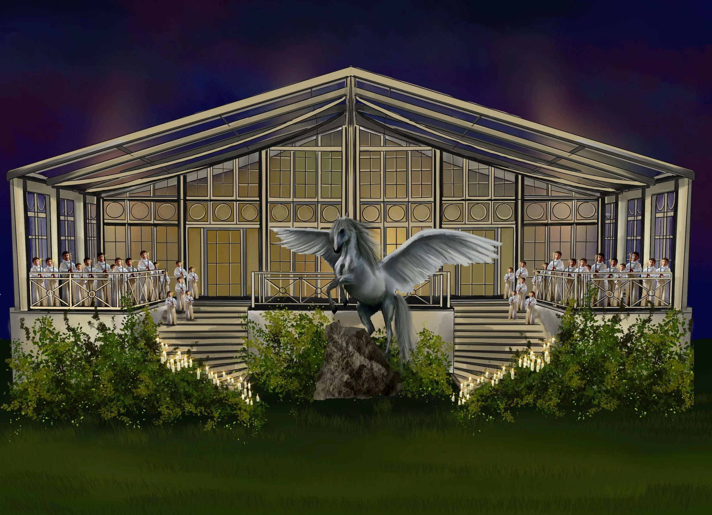 Original design visualisation of the bespoke Pegasus installation for Fantasia by Amie Bone.