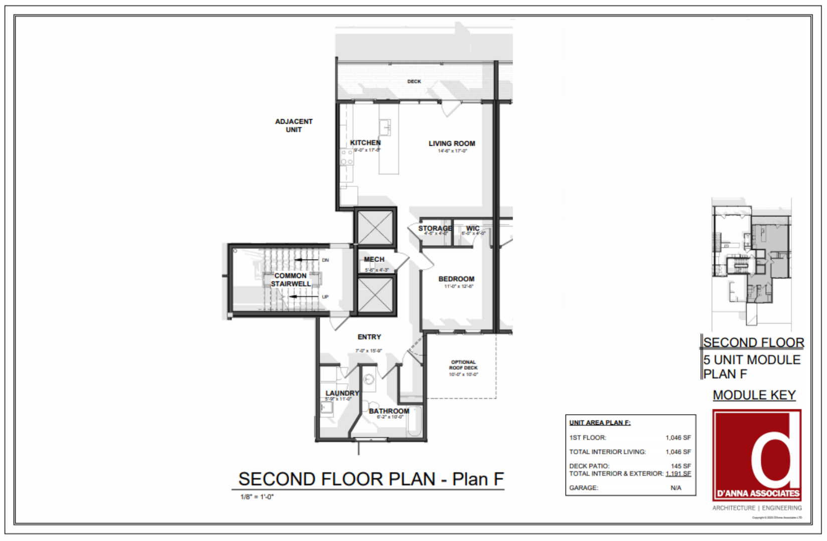 Second floor plan of a residential unit showing a bedroom, bathroom, laundry, entry, common stairwell, mechanical area, storage, walk-in closet, kitchen, living room, deck, and an optional roof deck.