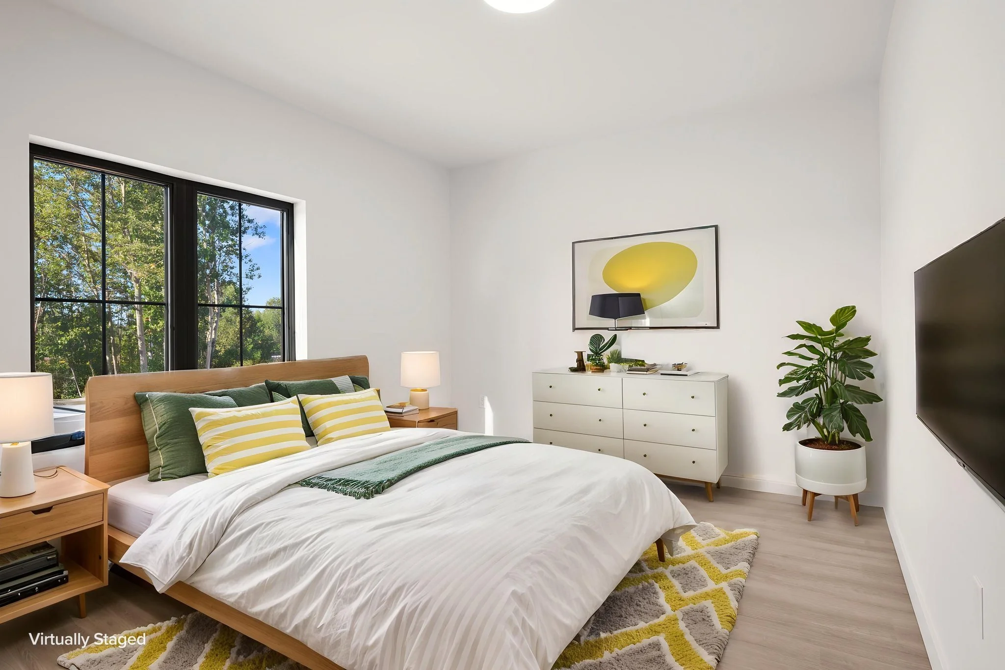 A bedroom with a large window showing green trees outside. The Residences at North Harbor on Lake Superior in Marquette Michigan.