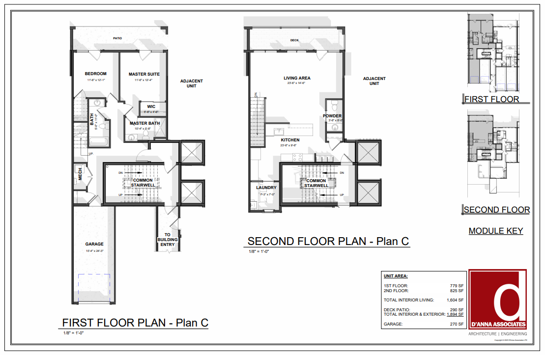 Architectural floor plans showing the first and second floors of a residential building with labeled rooms, including bedrooms, bathrooms, kitchen, living area, laundry, garage, deck, and patio.