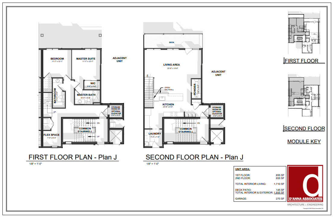 Architectural blueprint with floor plans for a two-story residential building, including first and second floor layouts, storage spaces, and adjacent units, with a logo in the bottom right corner.