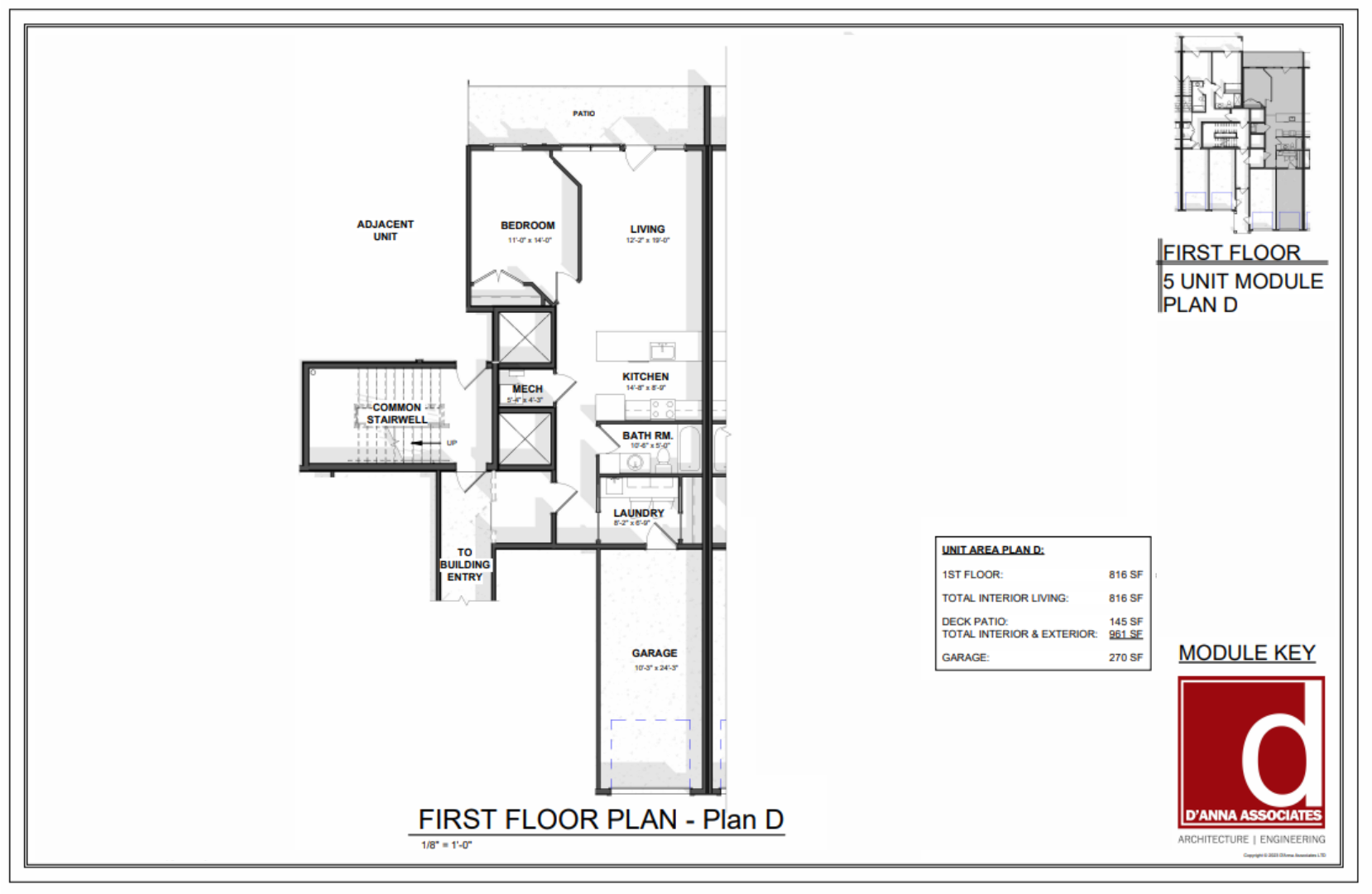 Floor plan of a single-story house with labeled rooms including garage, laundry, bathroom, kitchen, living room, bedroom, mechanical room, and adjacent unit, with dimensions and an outdoor patio area.