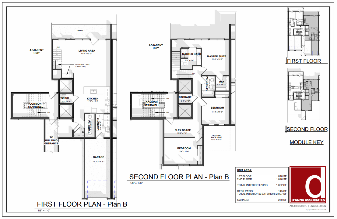 Architectural blueprint with first and second floor plans of a residential building, module key, and branding details.