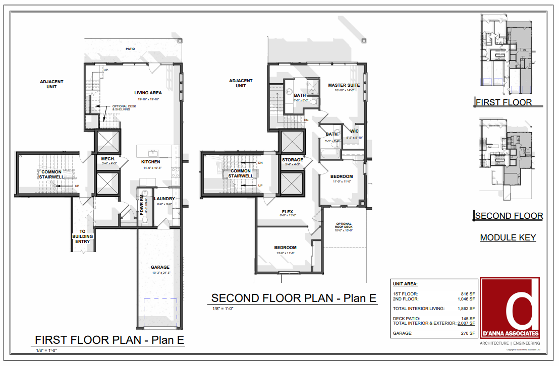 Architectural blueprint of a two-story residential building, showing floor plans for the first and second floors, with labels for rooms and areas, along with smaller diagrams of floor layouts.