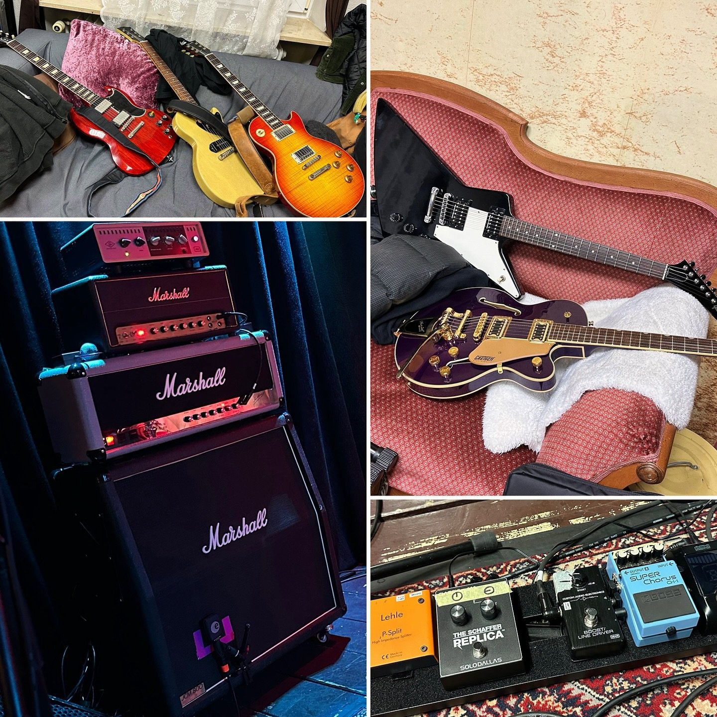 Some of our yesterdays stage gear 💪🔥 
If one picture would describe rock n roll sound - than this 😎
Thanks to all the guys around to make this sound so good !!
@marshallamps 
@solodallas 
@gibsonguitar 
@uaudio 
@officialgretsch 

#rocknroll #gear