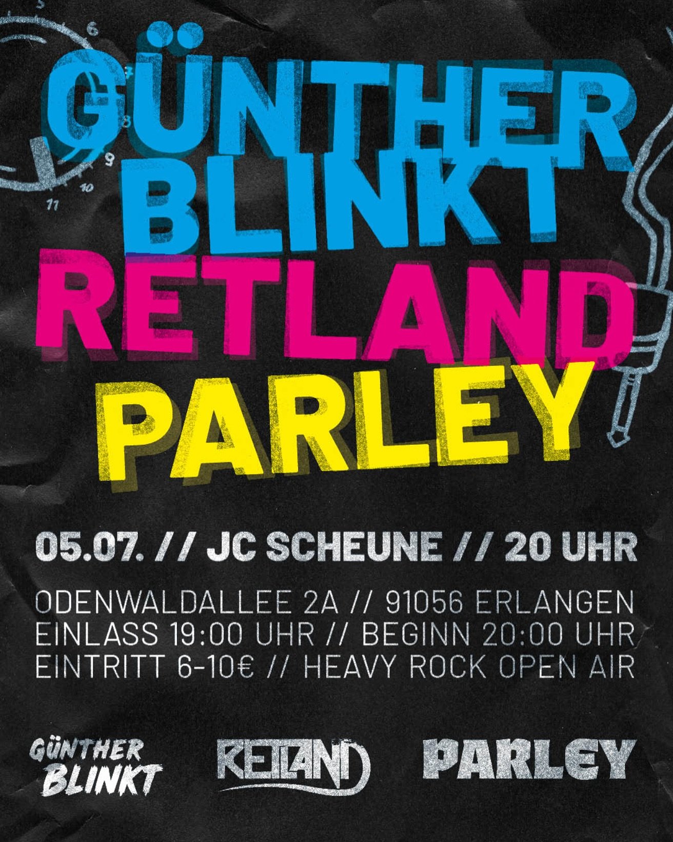 Erlangen we&rsquo;re comin&rsquo; 🇩🇪😎 OPEN-AIR Rock&lsquo;n&lsquo;Roll Party 

together with PARLEY, female-fronted heavy rock, &amp; G&Uuml;NTHER BLINKT (punk-rock from N&uuml;rnberg) we gonna see ya 🤘🏼

Let&rsquo;s see your mosh pit 🔥

05.07.