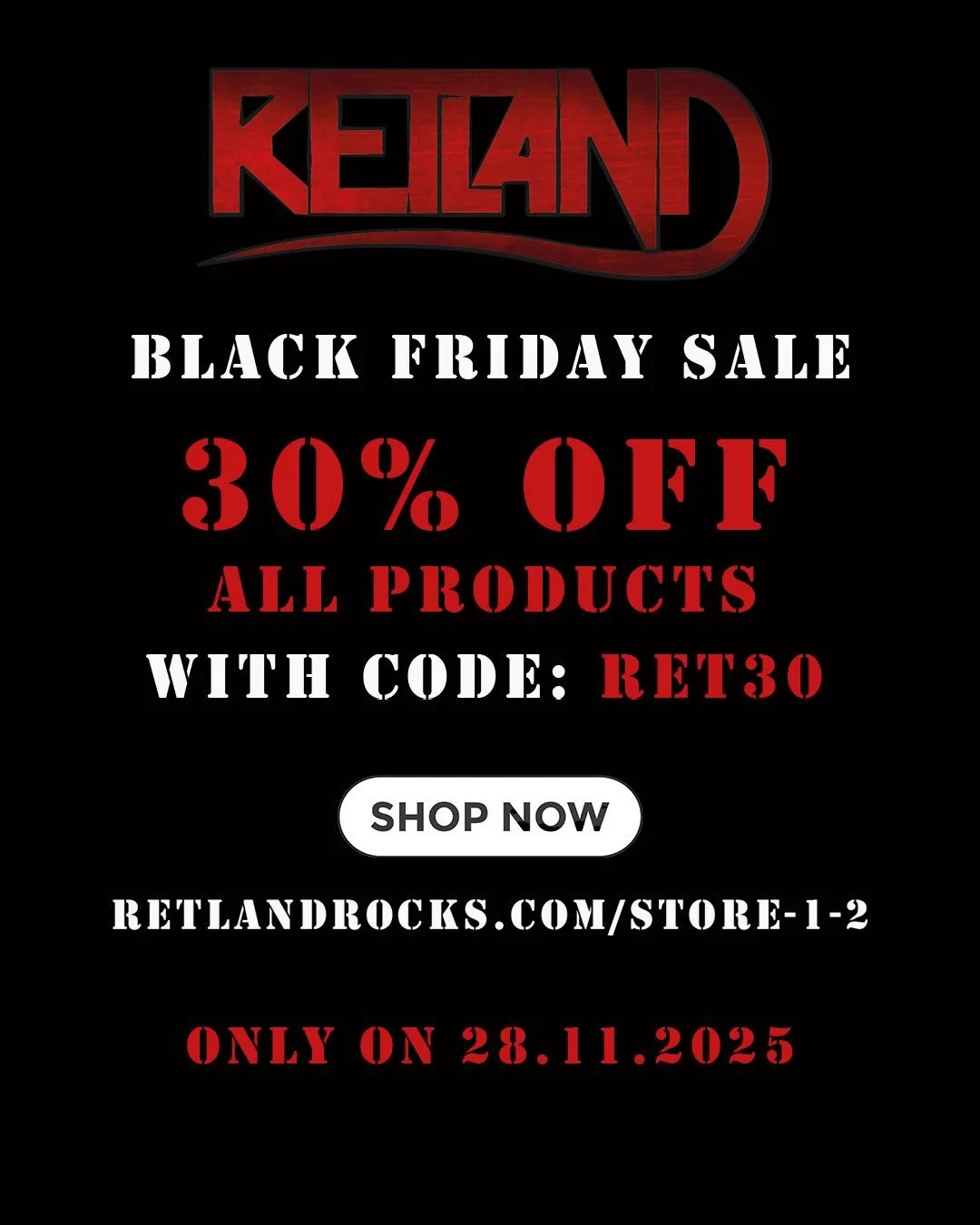 Black Friday Sale 🔥🔥
30% off all products with code: RET30
Only available on 28.11.2025 (link in bio)
#blackfriday #blackfridayrocknroll #rockmerch #rockmerchandise