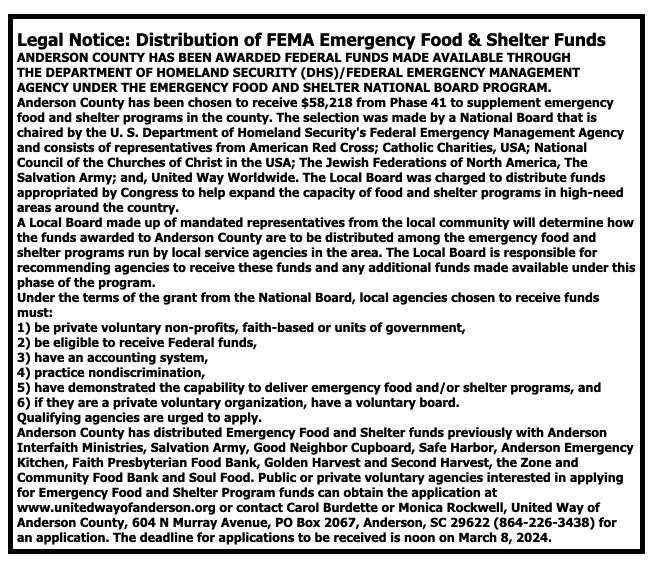 Legal Notice: FEMA Funds Distribution Anderson County