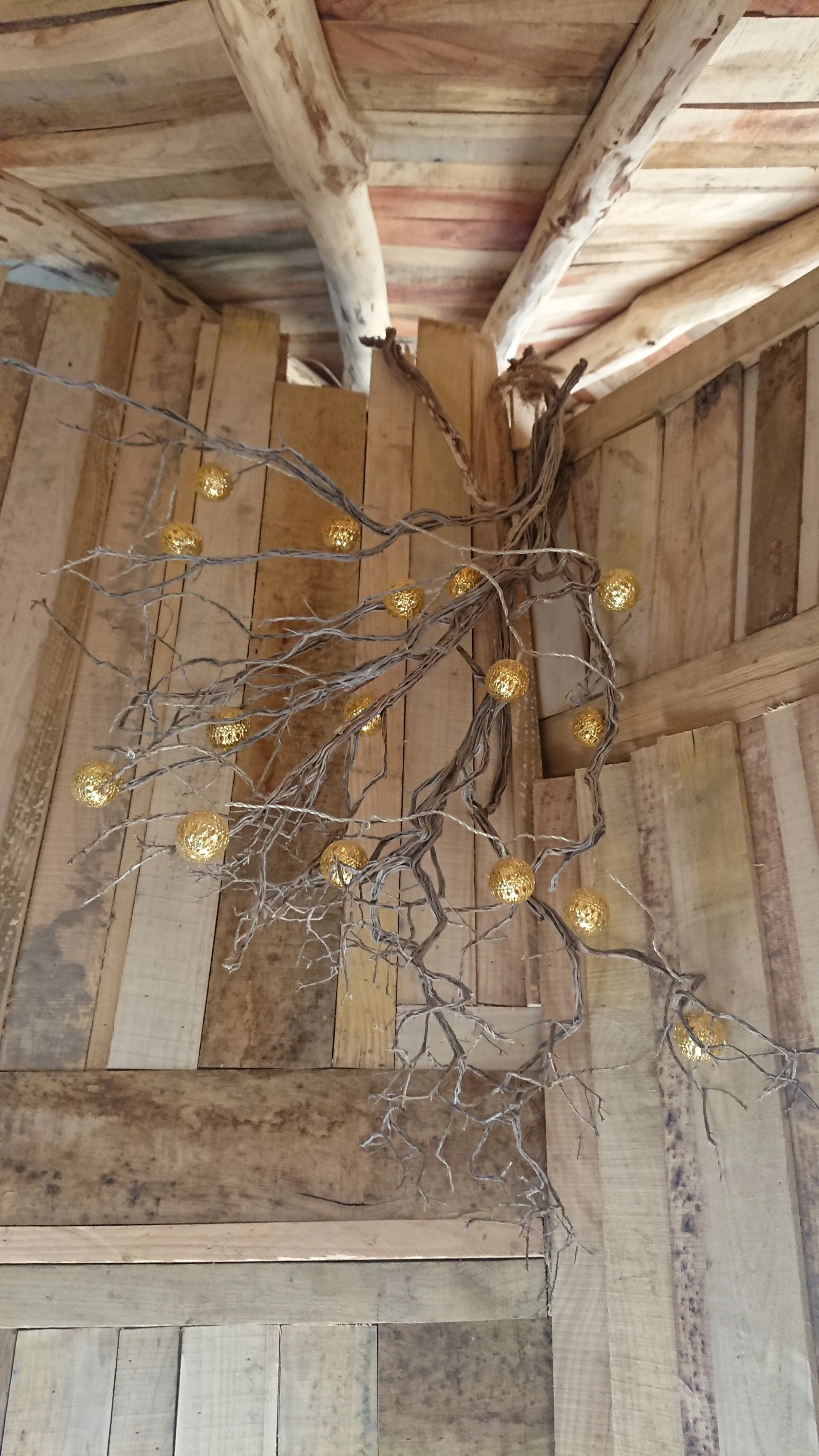Decorative branch with small golden string lights hanging on a wooden wall in a rustic setting.