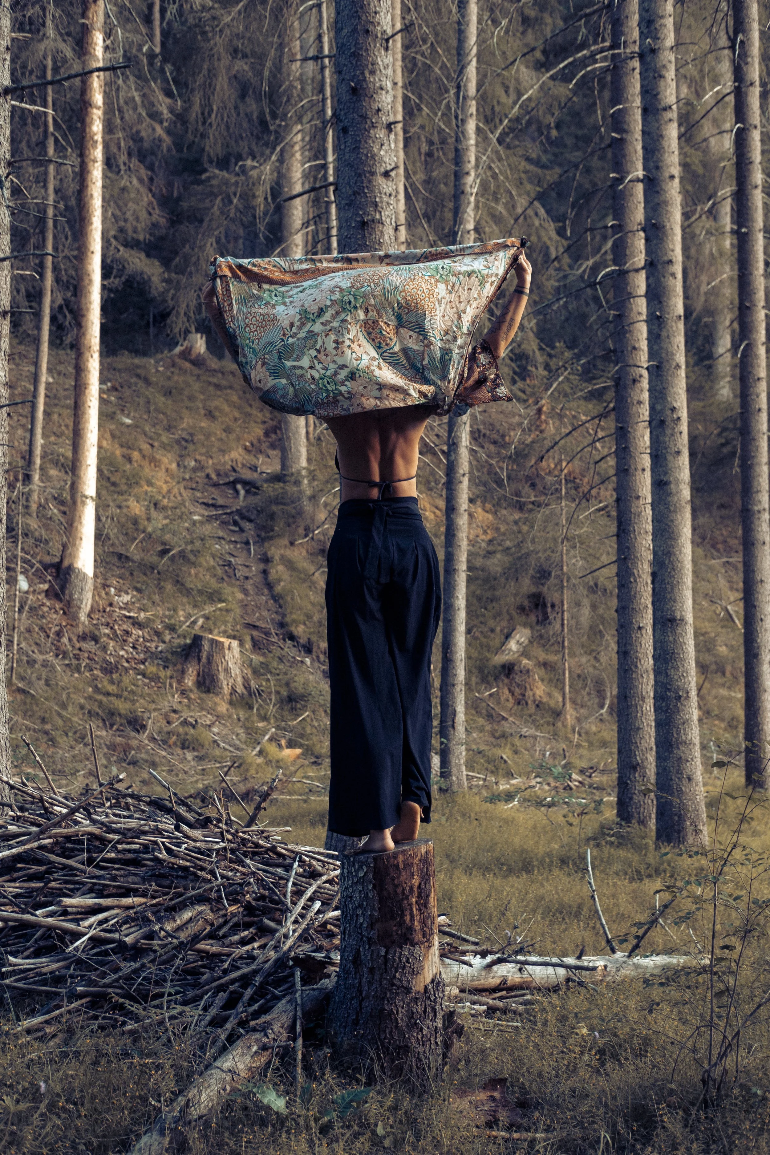 A person standing on a tree stump in a forest, lifting a colorful patterned fabric above their head.