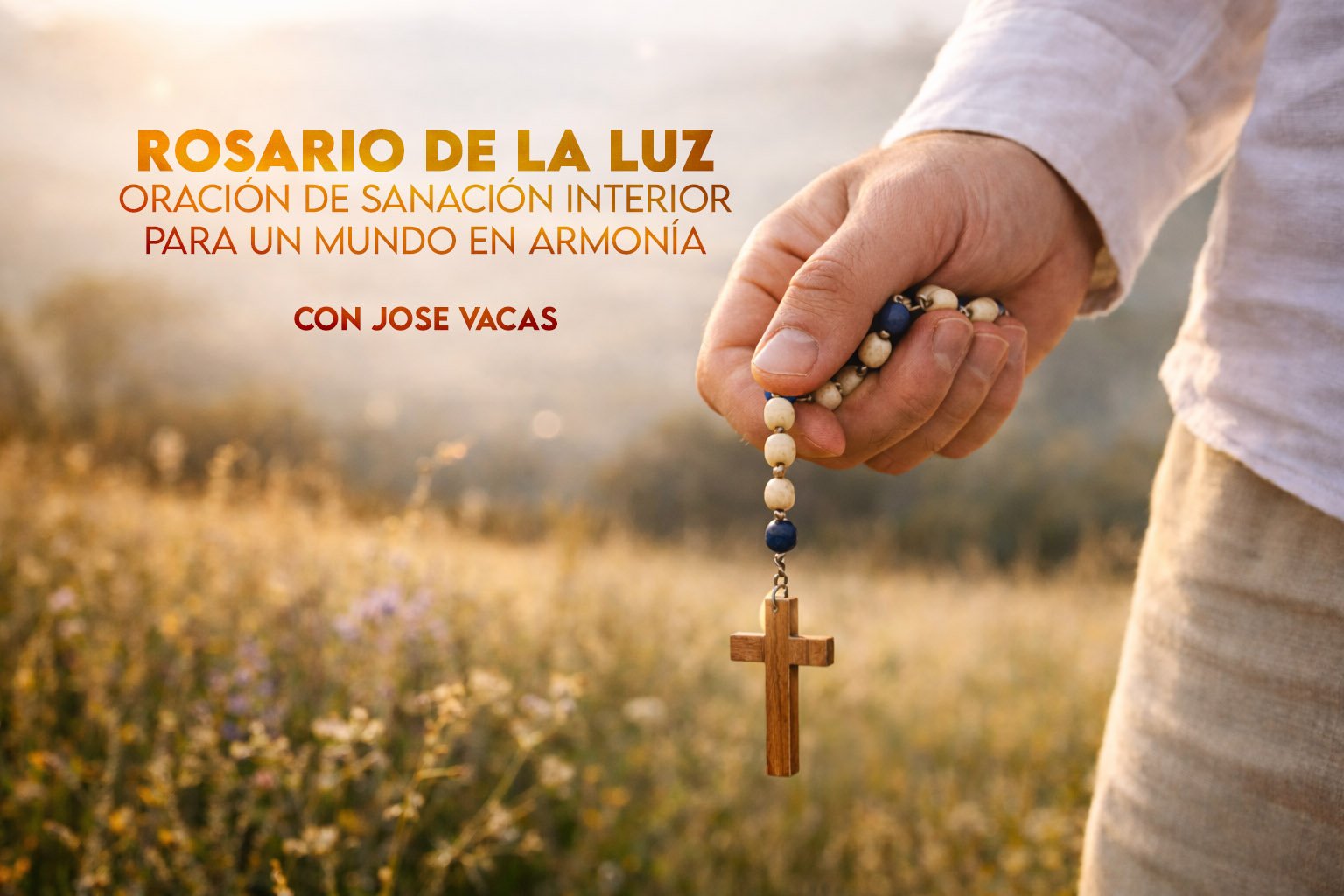 Mano de Jose Vacas sosteniendo un rosario con cuentas beige y azules, con una cruz de madera colgando, sobre un paisaje natural iluminado por luz cálida al atardecer, símbolo de oración, fe y sanación interior.