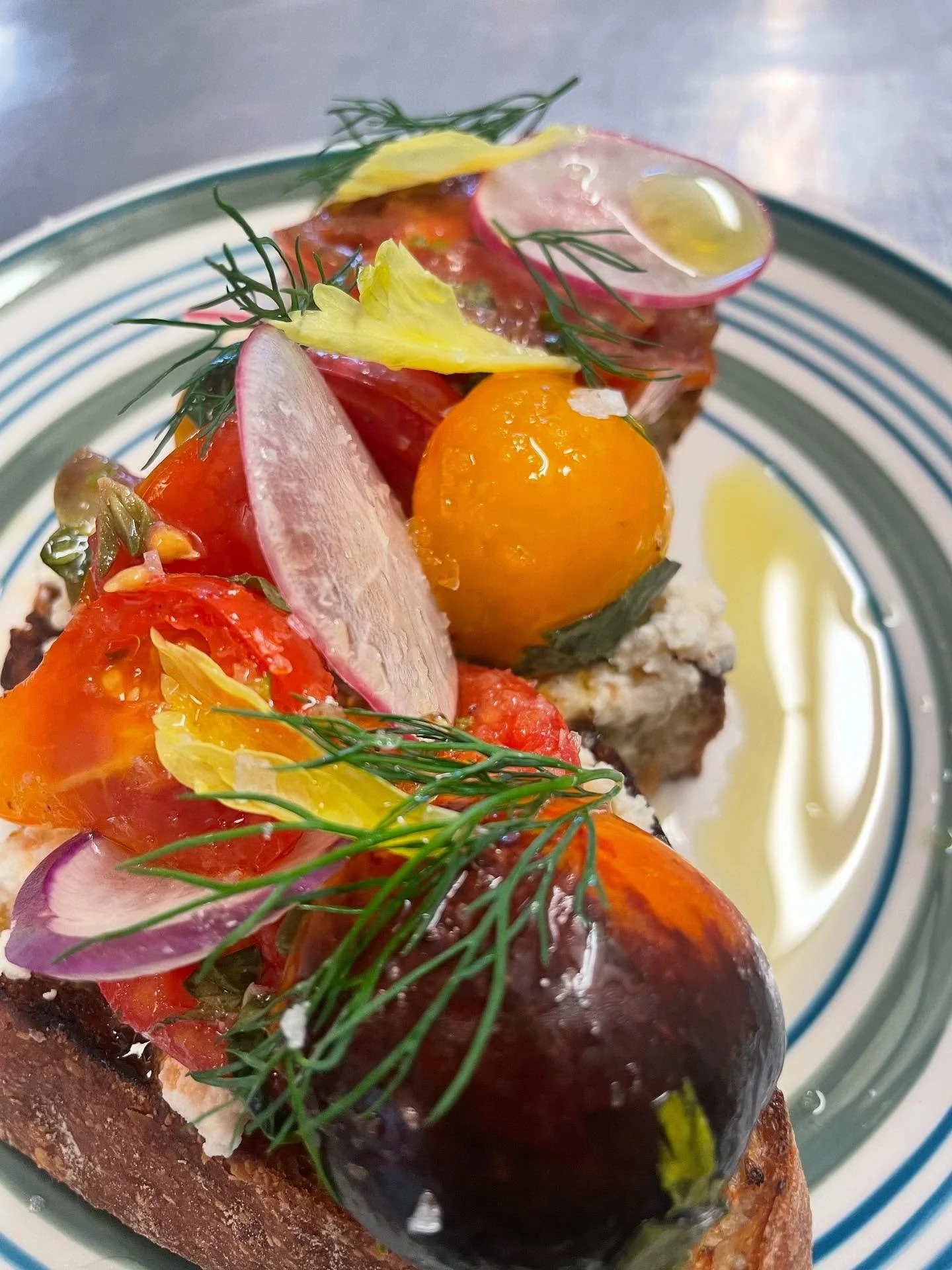 Tomatoes!  @vickisveggies 
Beautiful bread @pecishbaking.co 
House made Ricotta @viaujonathan 

Best!!