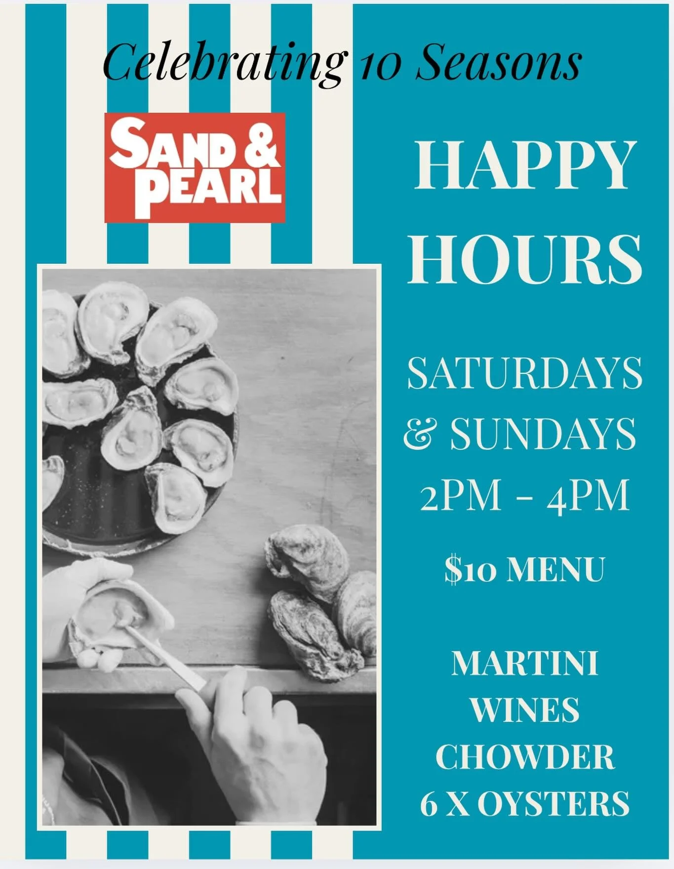 Celebrating 10 seasons 🦪🔥💕🥳🍾

We&rsquo;re turning it up with **$10 Happy Hour**
Every Saturday &amp; Sunday | 2&ndash;4pm

$10 bites + bevys

Ten years in -this one&rsquo;s for you. ✨