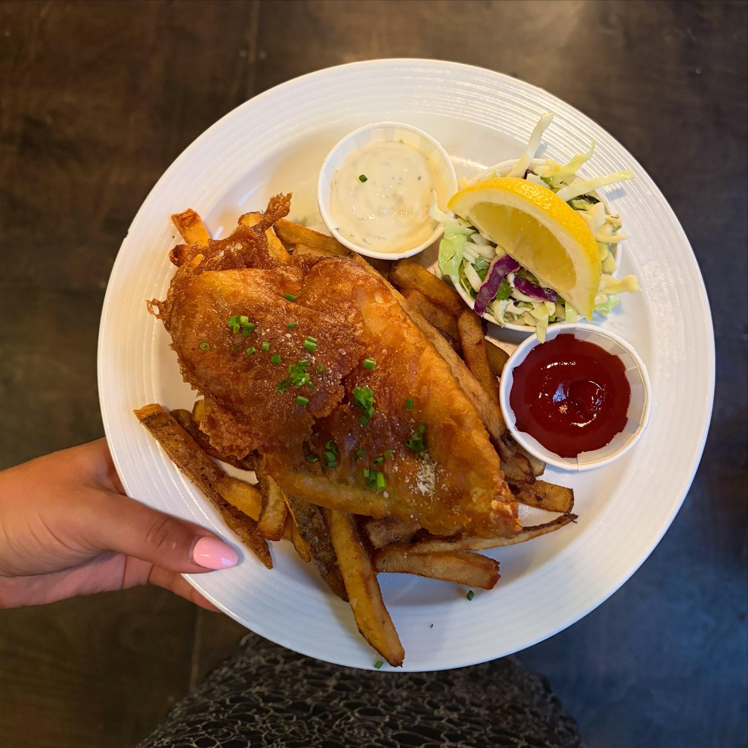 Fish n&rsquo; Chips 
Ontario Pickerel, crispy beer batter, chips, coleslaw, jalepeno tartar