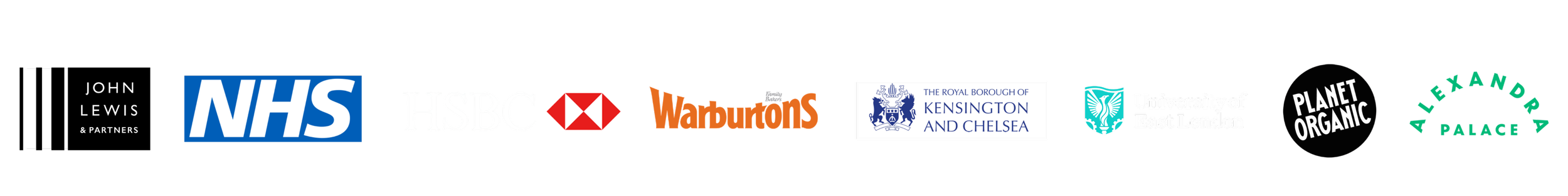 Logos of various UK organizations and companies including John Lewis, NHS, HSBC, HSBC, Warburtons, The Royal Borough of Kensington and Chelsea, University of East London, Planet Organic, and Alexander Palace.