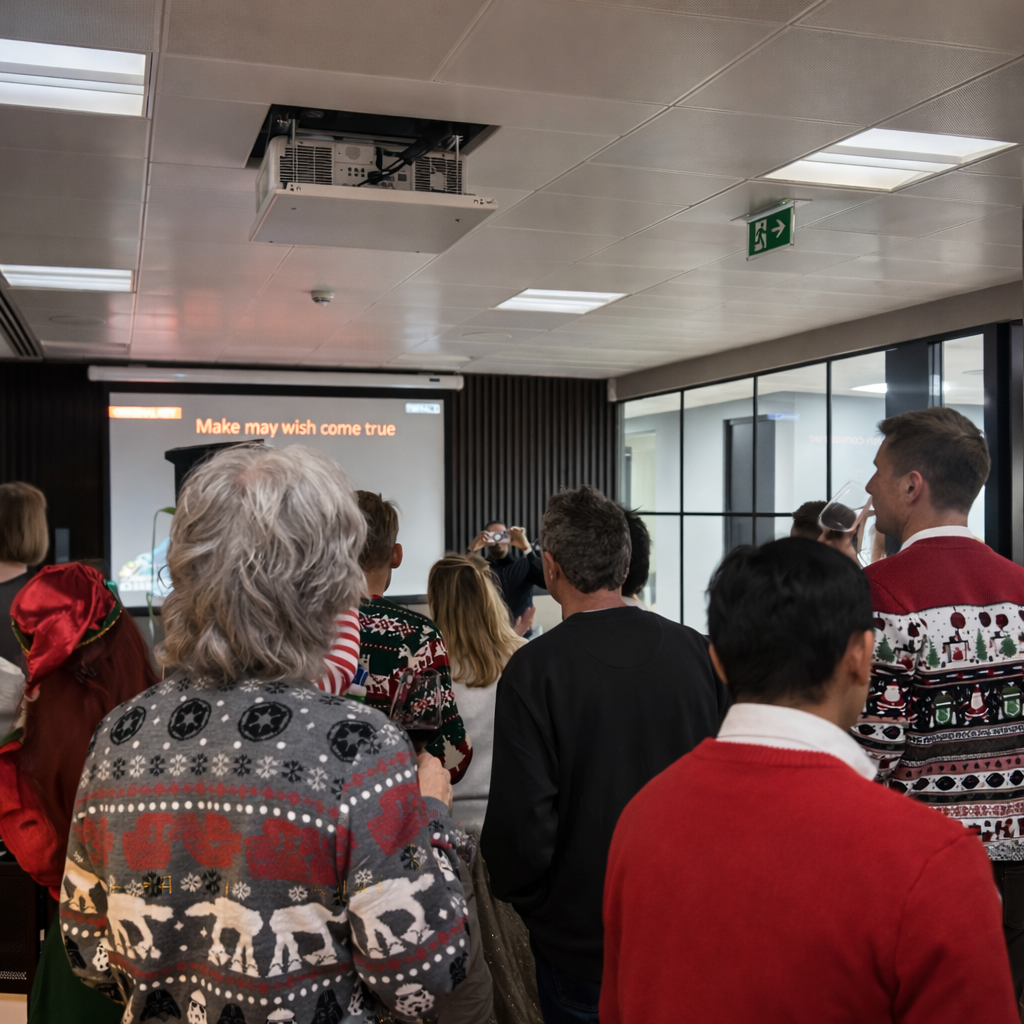 Corporate event with DJ and audio setup for company gathering