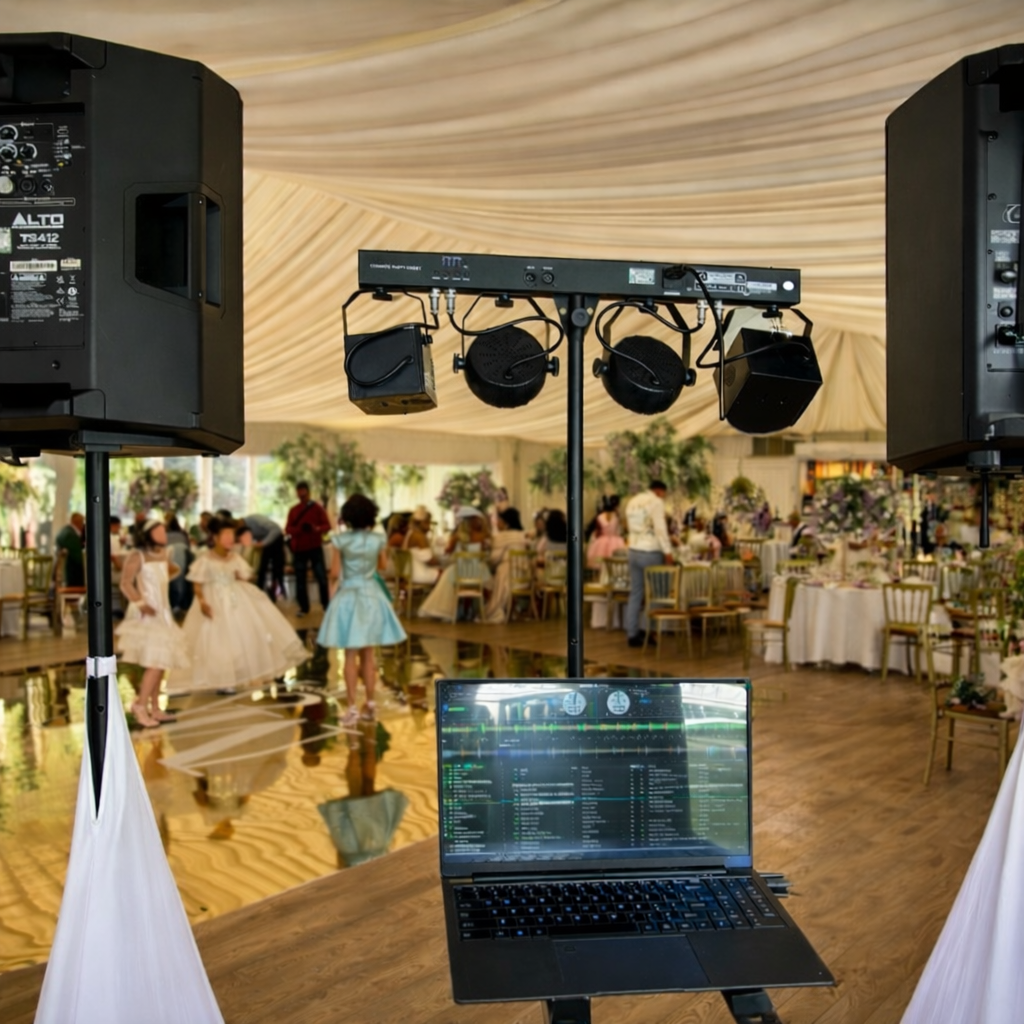 Wedding marquee with DJ sound system and professional lighting setup
