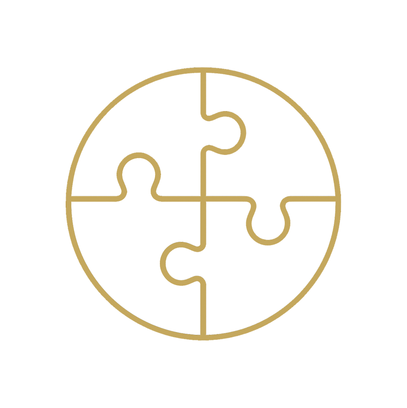 A gold circular puzzle with four interconnected pieces