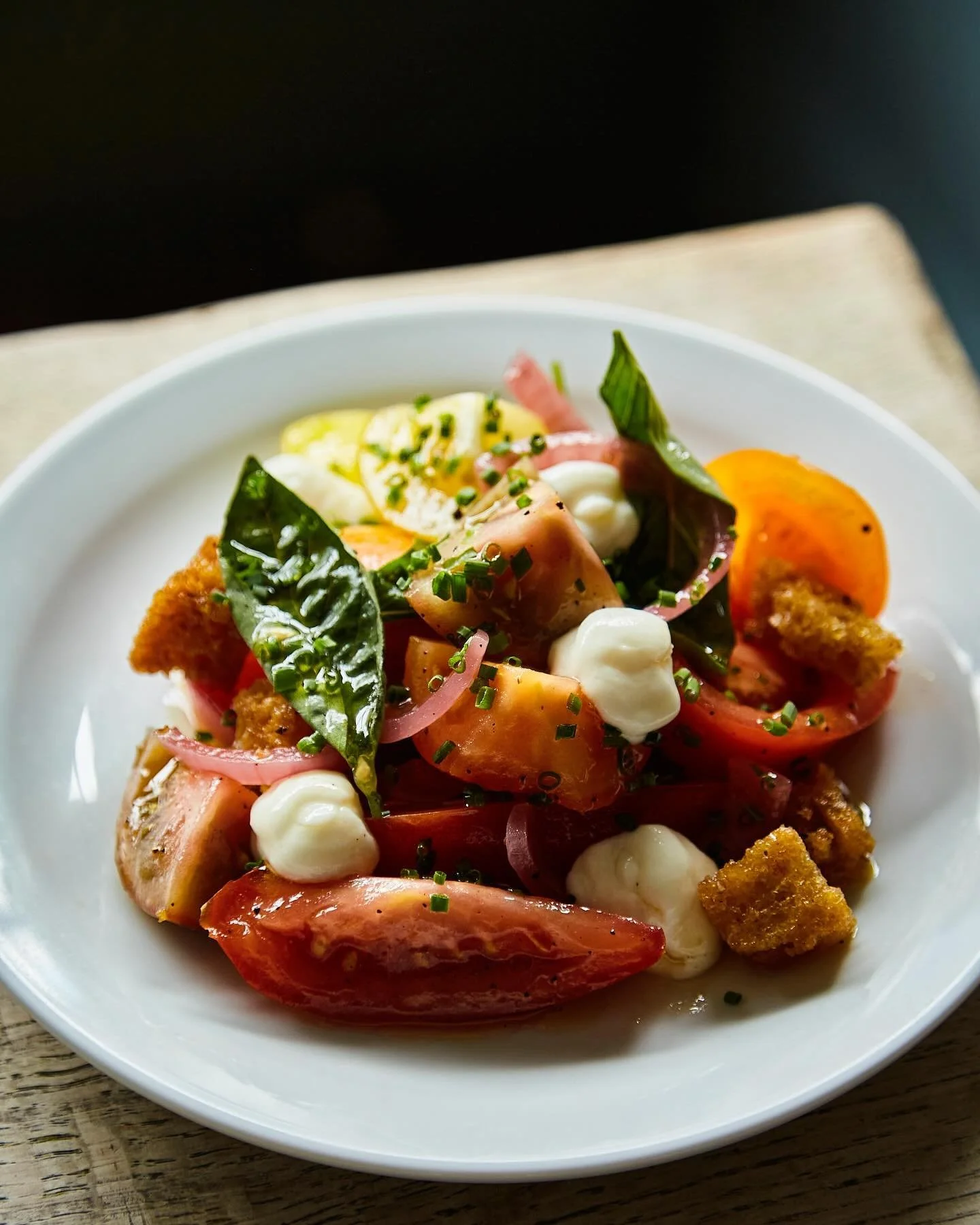 Heritage tomato panzanella, aioli, pickled red onion, basil (ve)

Bringing a little bit of sunshine onto your plate from @nutbournetomato via our friends @shrub.london 

📸: @becabjones, also a ray of sunshine.