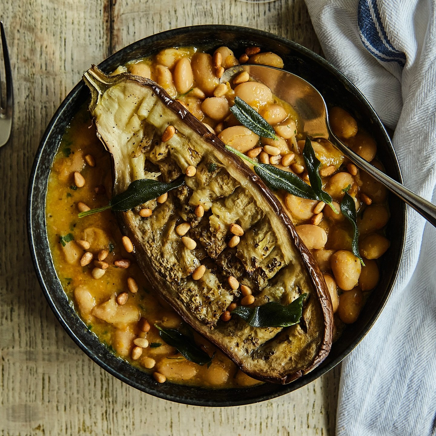 Butterbeans, roasted aubergine, pine nuts &amp; crispy sage

@becabjones