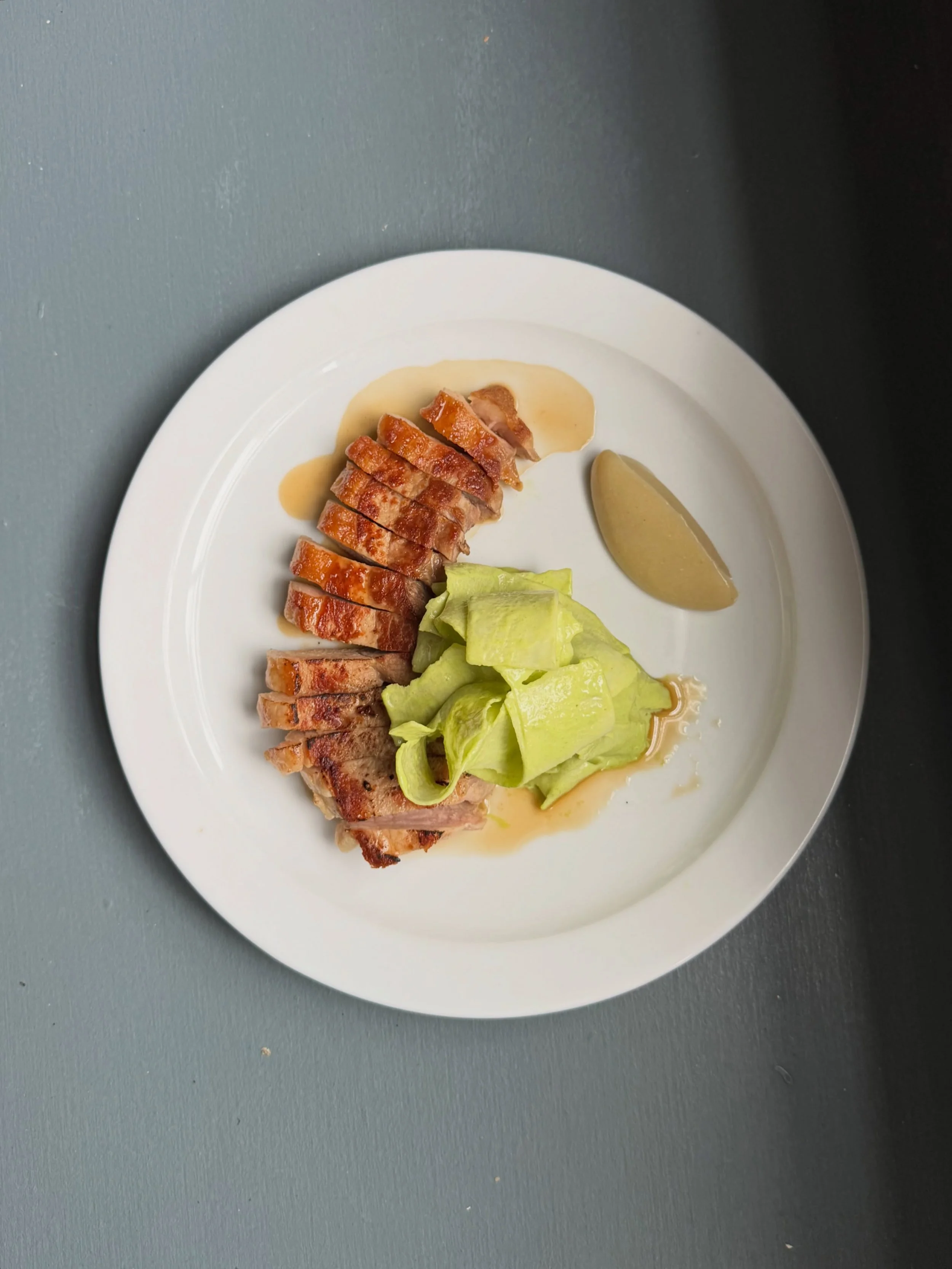 Pork chump steak, turnip &amp; lovage, gooseberry sauce