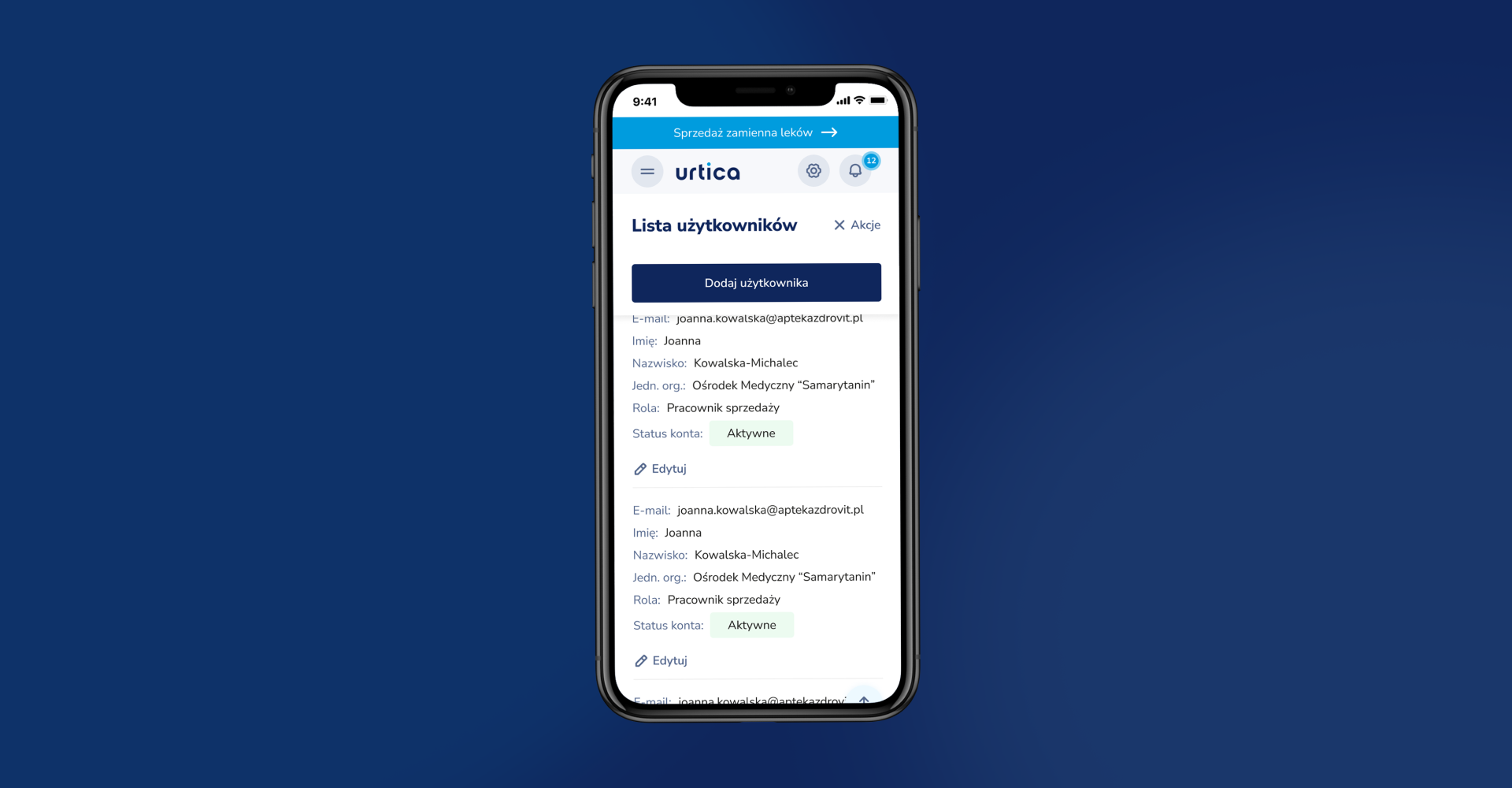 Urtica system in a responsive version on a mobile device
