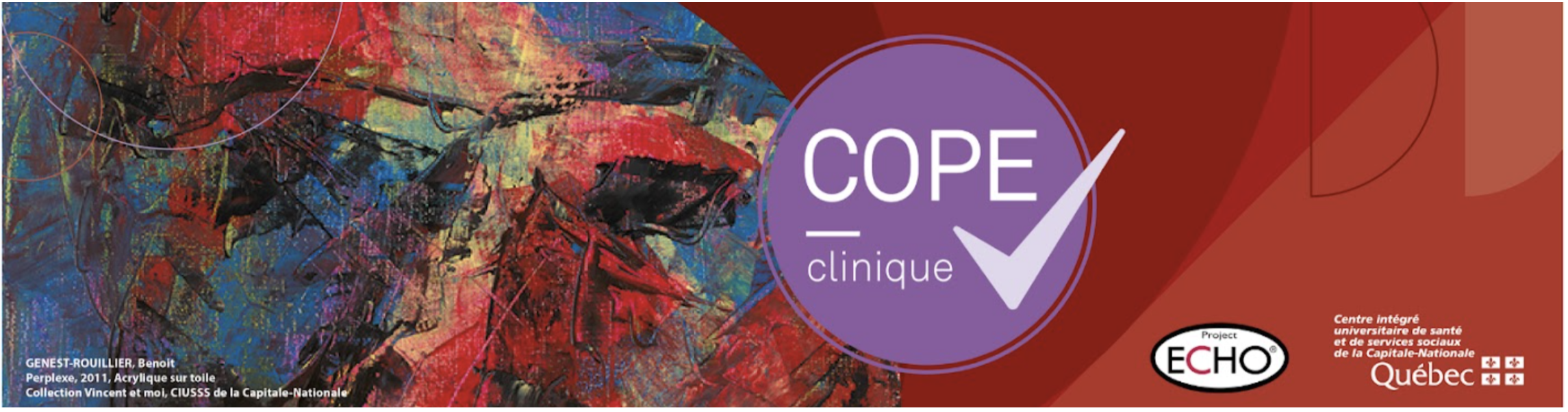 Une affiche colorée avec un fond artistique abstrait et le texte 'COPE clinique' dans un cercle violet, avec des logos gouvernementaux et une mention de centre de santé à Québec.