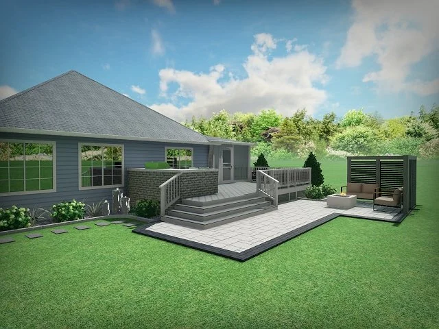 A backyard with a raised deck area featuring stairs, a sitting area with outdoor furniture and a privacy screen, and a lawn with a house in the background under a partly cloudy sky.