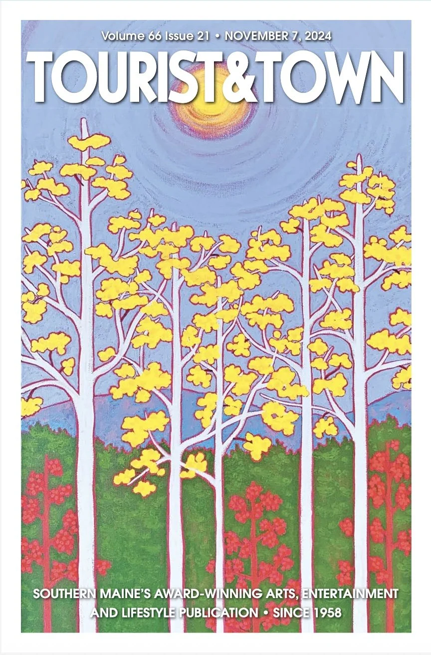 Bright yellow trees at peak foliage in autumn by Maine artist Marcia Crumley.