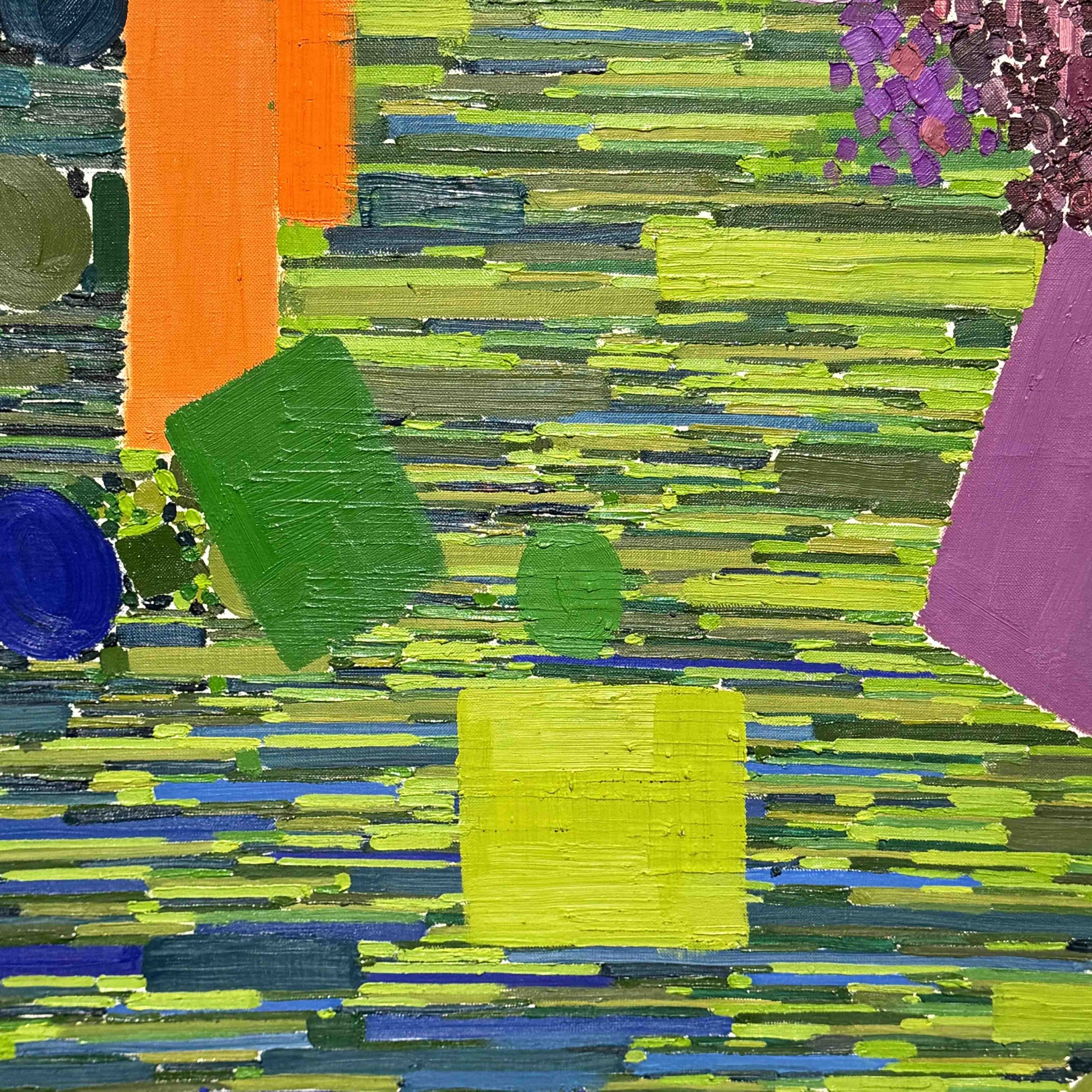The post-Impressionistic pointillist mark making and vibrant hues of Lynne Mapp Drexler's grass pond painting at the Ogunquit Museum
