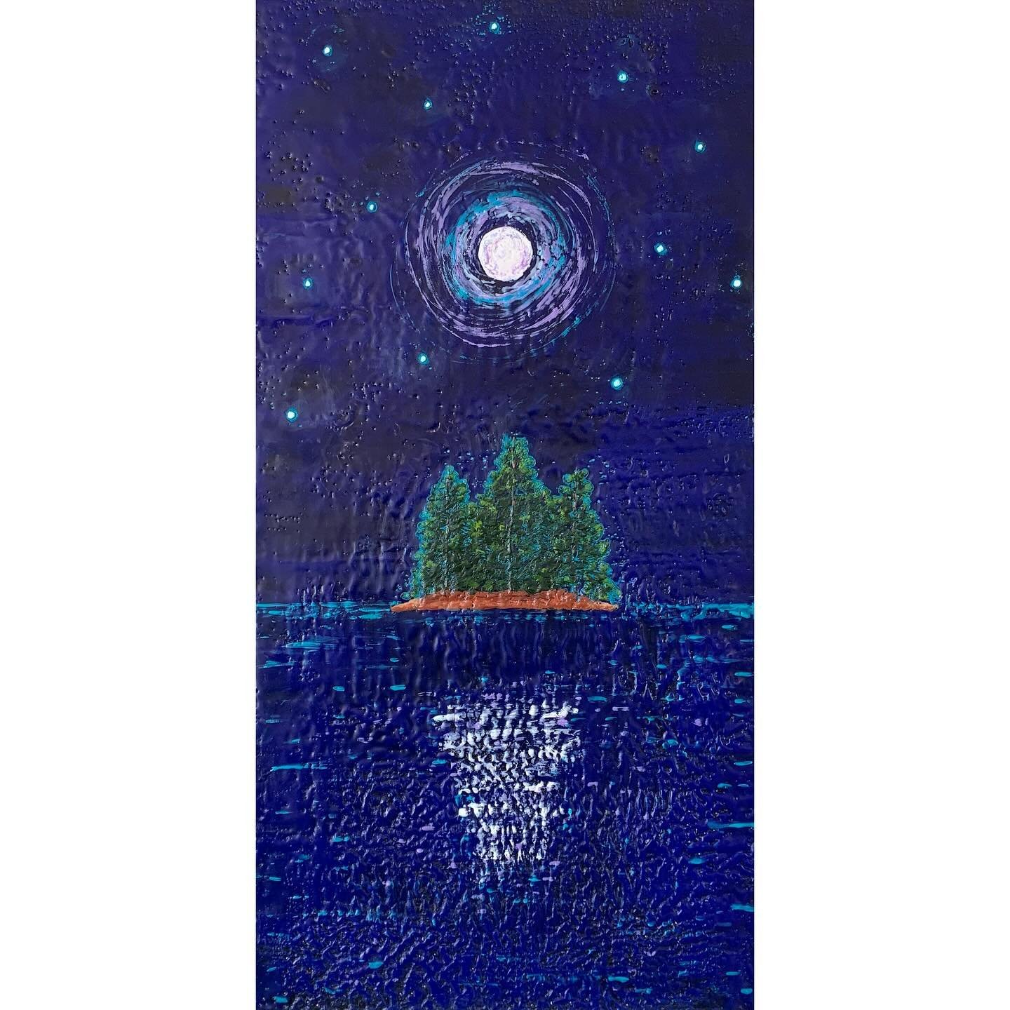Another Maine moon island painting, this one with with lots of turquoise blue highlights. Each star has a ring of turquoise blue, and the island is silhouetted in blue, which you can see a little better in the closeup shot. Hence the title, Blue Nigh