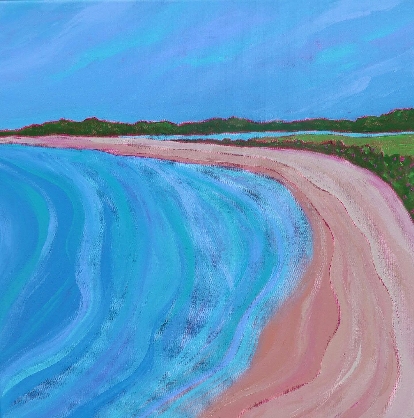 Beach days are finally here! This painting captures the beauty of a sandy beach in summer, with the curved motion in the water echoing the crescent of the beach. It&rsquo;s all about the joys of summer. 
.
.
Summer Dreams, 16&rdquo; x 16&rdquo;. Avai