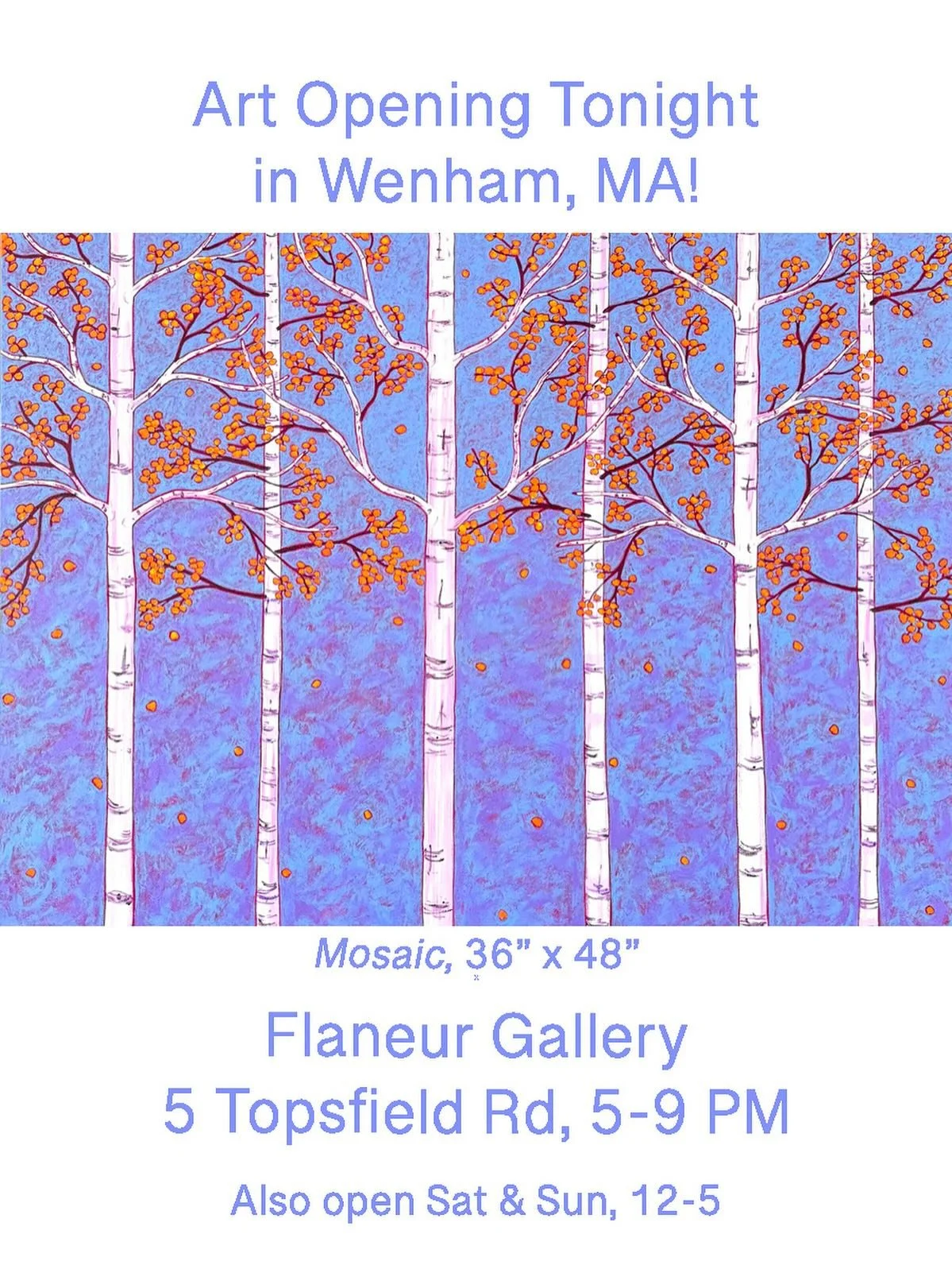 If you&rsquo;re in the Wenham, MA area, I&rsquo;d love to see you at the opening night celebration of Flaneur Gallery&rsquo;s landscape exhibit! Mosaic is one of three 36&rdquo; x 48&rdquo; paintings that I will be showing, along with 8 other paintin