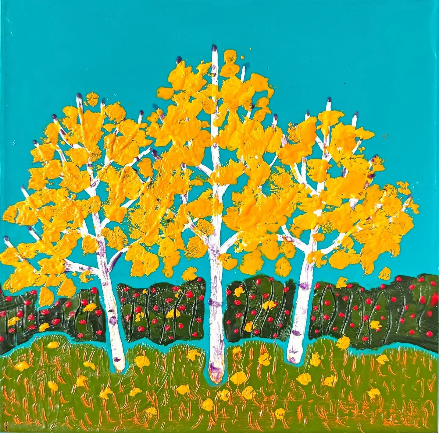 Finished up the little (8&rdquo; x 8&rdquo;) autumn piece that I was working on in my encaustic demo last weekend. I only had time to finish one tree in the demo, so finished the others and added in a row of winterberry. (Just because I love the red 