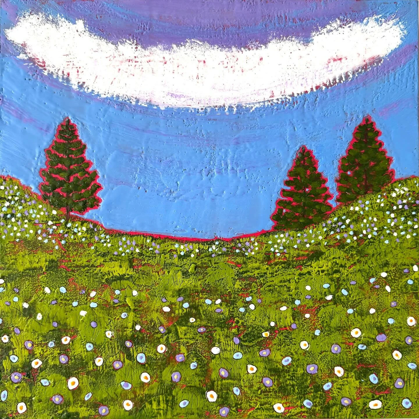 🔴 Sold! I am so grateful that Summer Fields has found a new home, and will soon be on its way to Florida! 

This painting celebrates the carefree feeling of summer. The wildflower-filled meadow is defined by a gently swooping curve, which introduces